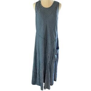 Unisono Blue White Striped Dress Women Large Lagenlook Pocket Artsy Boho Maxi